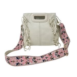 Ahdorned Cream Faux Suede Fringe Crossbody Bag with Pink Brown Wide Boho Strap